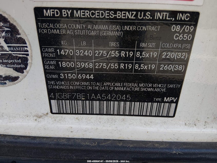 2010 Mercedes-benz Gl-klasse VIN 4JGBF7BE1AA542045 IAAI salvage auction — FRONT END, Salvage (North Carolina), sold $675 on 2026-07-08 (photo 9)