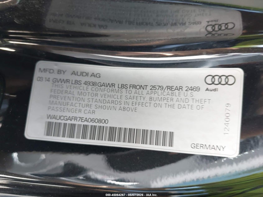 2014 Audi S5 VIN WAUCGAFR7EA060800 IAAI salvage auction — HAIL, Clear (Missouri), sold $3,500 on 2026-07-13 (photo 9)