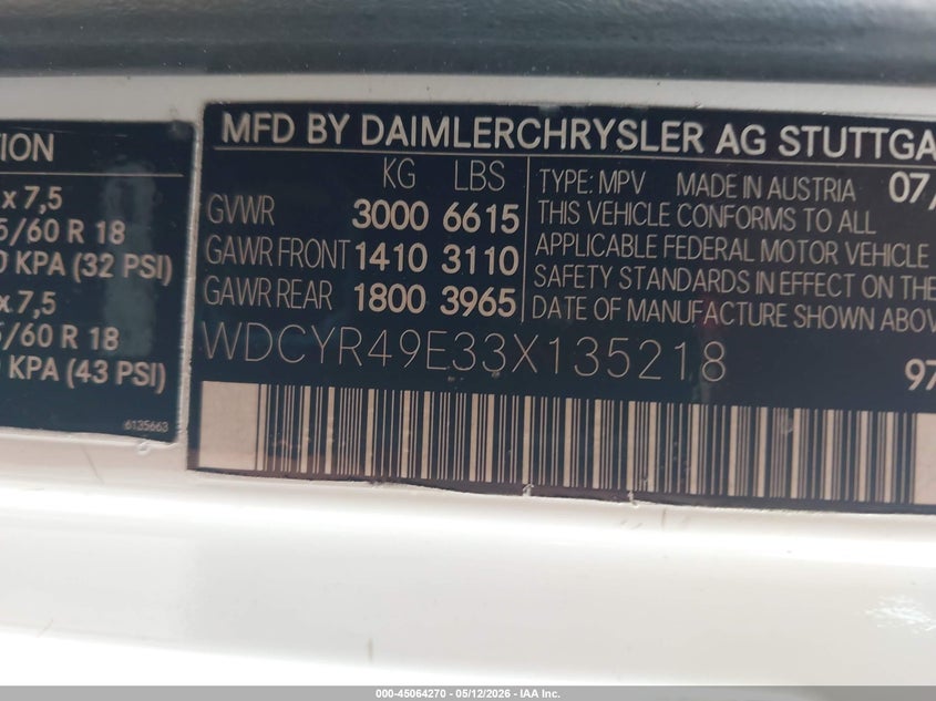 2003 Mercedes-benz G-class VIN WDCYR49E33X135218 IAAI salvage auction — UNKNOWN, Salvage (California), sold $10,250 on 2026-09-09 (photo 9)
