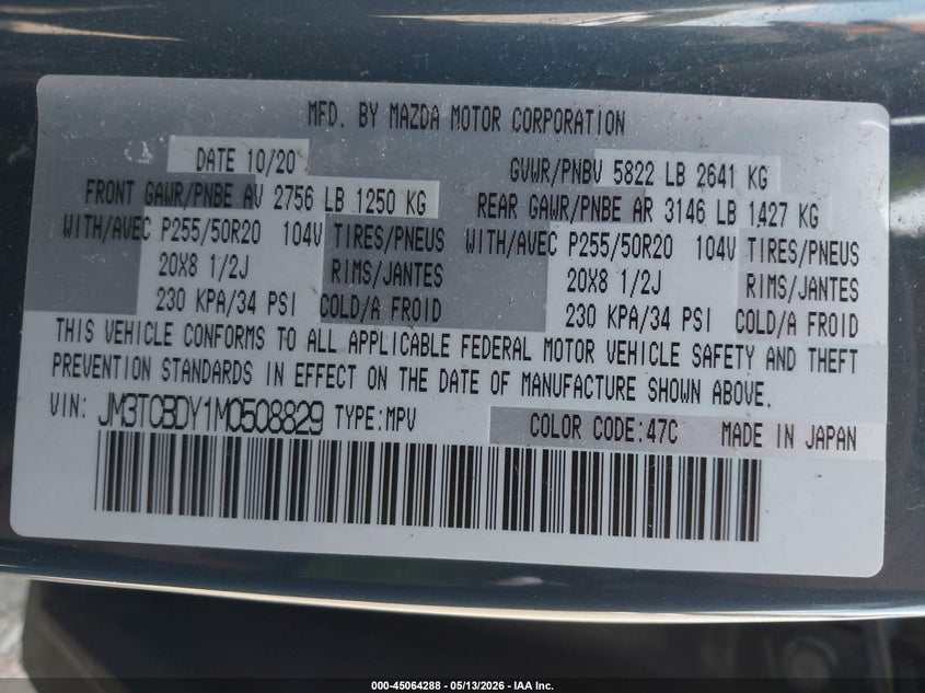 2021 Mazda Cx-9 VIN JM3TCBDY1M0508829 IAAI salvage auction — SIDE, Salvage Title, sold $8,100 on 2026-09-01 (photo 9)