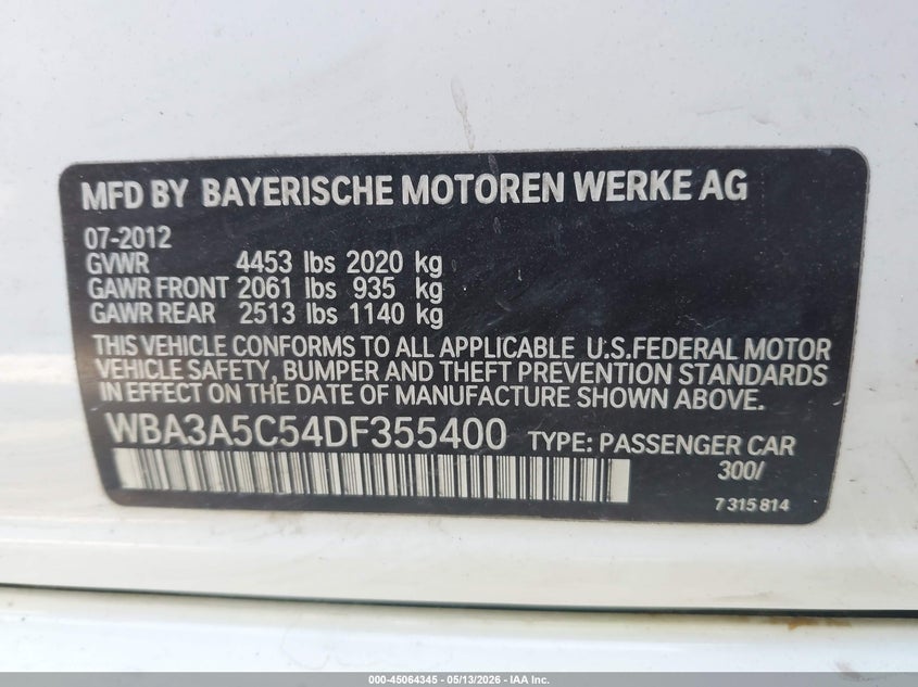 2013 BMW 3er VIN WBA3A5C54DF355400 IAAI salvage auction — RIGHT FRONT, Junk (Oklahoma), sold $1,000 on 2026-08-11 (photo 9)