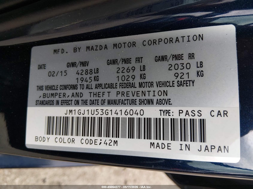 2016 Mazda 6 VIN JM1GJ1U53G1416040 IAAI salvage auction — LEFT & RIGHT, Original (Texas), sold $3,350 on 2026-07-07 (photo 9)