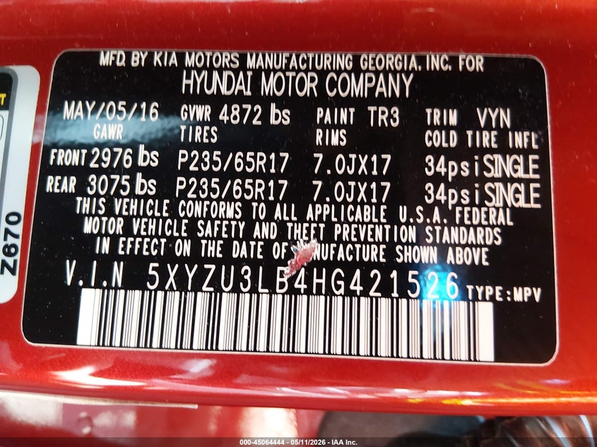 2017 Hyundai Santa fe VIN 5XYZU3LB4HG421526 IAAI salvage auction — FRONT END, Salvage (Texas), sold $2,750 on 2026-07-28 (photo 9)