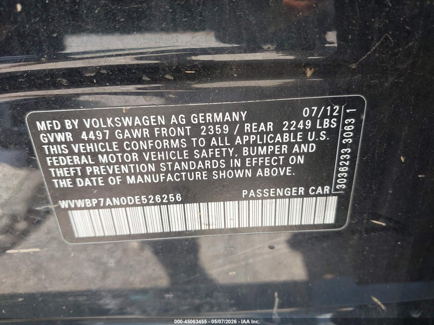 2013 Volkswagen Passat cc VIN WVWBP7AN0DE526256 IAAI salvage auction — FRONT END, Salvage (Ohio), sold $1,375 on 2026-08-10 (photo 9)