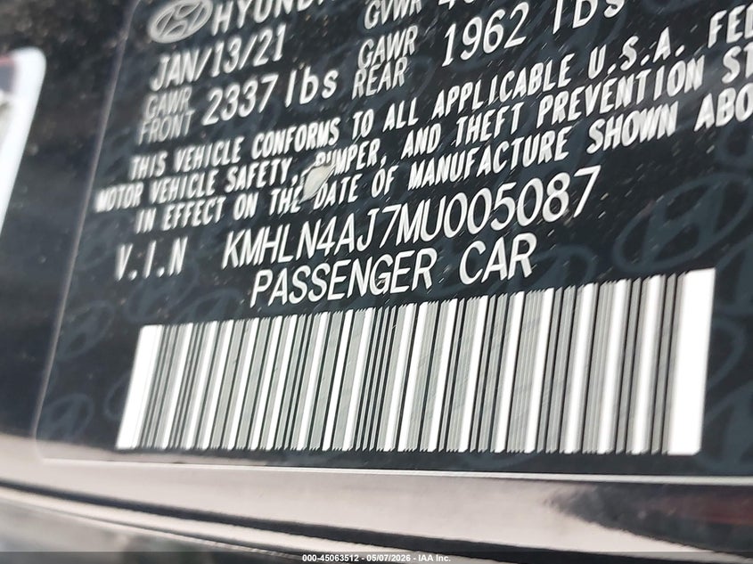 2021 Hyundai Elantra VIN KMHLN4AJ7MU005087 IAAI salvage auction — FRONT END, Salvage (Texas), sold $2,550 on 2026-07-10 (photo 9)