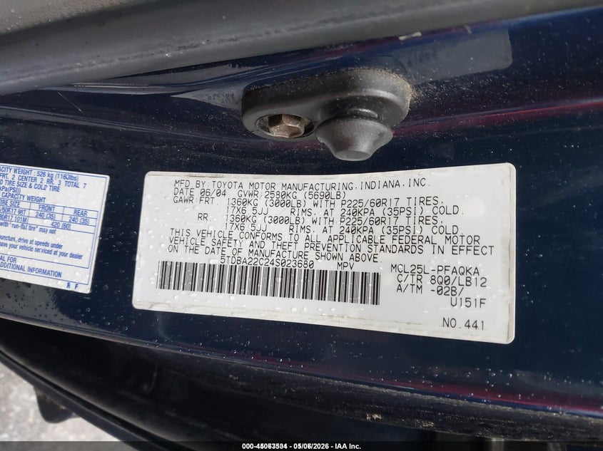 2004 Toyota Sienna VIN 5TDBA22C24S023680 IAAI salvage auction — UNKNOWN, Salvage (Idaho), sold $25 on 2026-07-21 (photo 9)