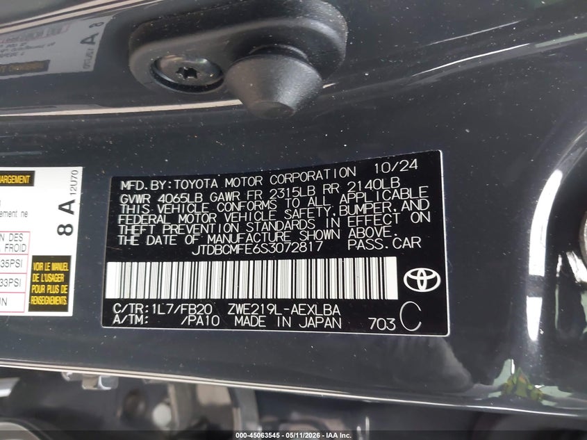 2025 Toyota Corolla VIN JTDBCMFE6S3072817 IAAI salvage auction — SIDE, Certificate Of Destruction (Florida), sold $4,150 on 2026-07-15 (photo 9)