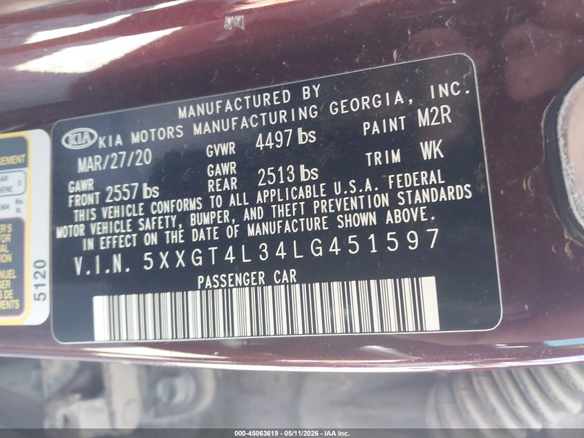 2020 Kia Optima VIN 5XXGT4L34LG451597 IAAI salvage auction — FRONT END, Salvage (Arkansas), sold $875 on 2026-07-15 (photo 9)