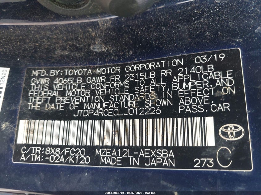 2020 Toyota Corolla VIN JTDP4RCE0LJ012226 IAAI salvage auction — LEFT SIDE, Original (Texas), sold $1,600 on 2026-07-23 (photo 9)