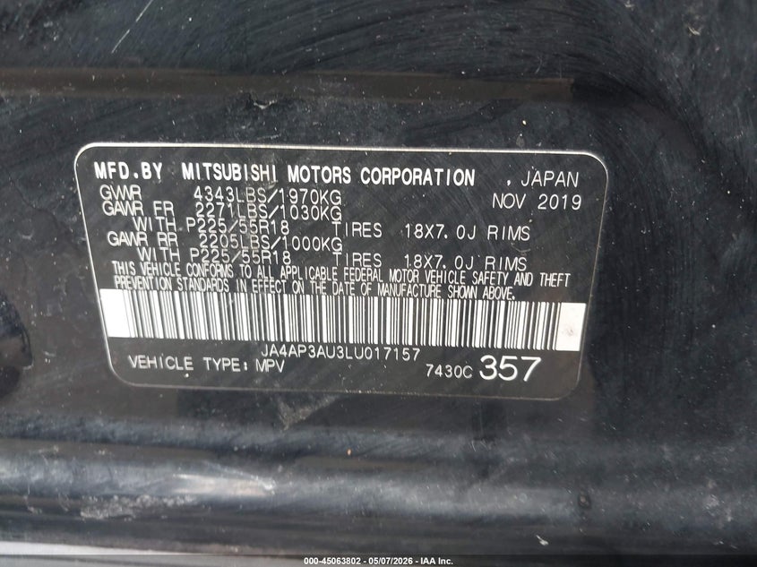 2020 Mitsubishi Outlander VIN JA4AP3AU3LU017157 IAAI salvage auction — HAIL, Salvage (Ohio), sold $3,000 on 2026-07-14 (photo 9)