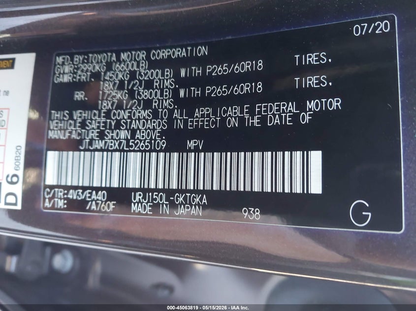 2020 Lexus Gx VIN JTJAM7BX7L5265109 IAAI salvage auction — FRONT END, Salvage (Virginia), sold $18,400 on 2026-07-07 (photo 9)