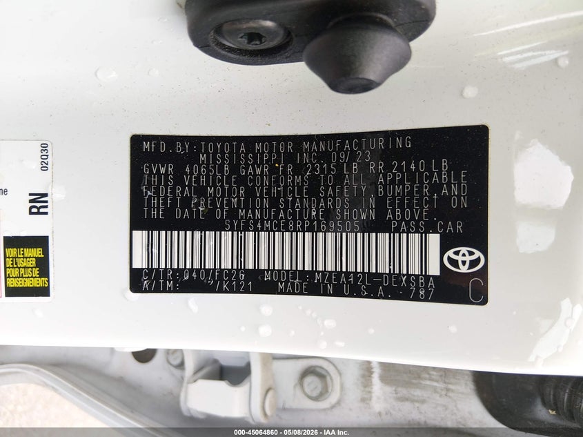 2024 Toyota Corolla VIN 5YFS4MCE8RP169505 IAAI salvage auction — ROOF, Salvage (Mississippi), sold $6,600 on 2026-07-09 (photo 9)