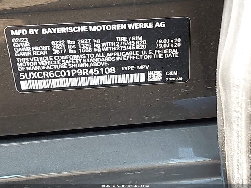 2023 BMW X5 VIN 5UXCR6C01P9R45108 IAAI salvage auction — SUSPENSION, Mv-907A (New York), sold $34,225 on 2026-07-07 (photo 9)