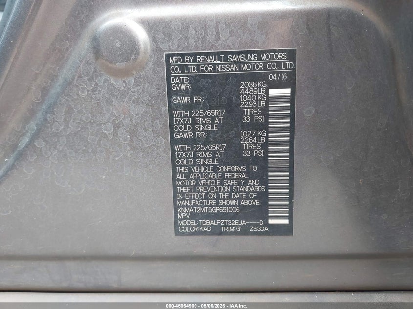 2016 Nissan Rogue VIN KNMAT2MT5GP691006 IAAI salvage auction — SIDE, Salvage (Hawaii), sold $25 on 2026-07-28 (photo 9)