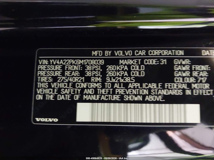 2021 Volvo Xc90 VIN YV4A22PK6M1708039 IAAI salvage auction — FRONT END, Salvage (Minnesota), sold $13,025 on 2026-07-15 (photo 9)