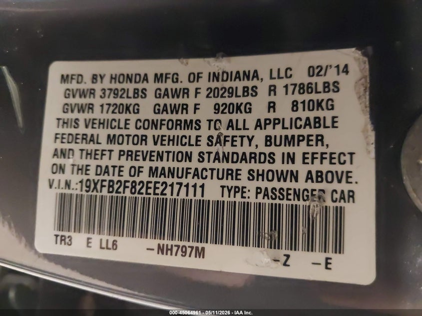 2014 Honda Civic VIN 19XFB2F82EE217111 IAAI salvage auction — FRONT END, Mv-907A (New York), sold $1,700 on 2026-08-01 (photo 9)