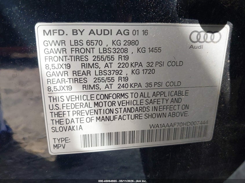 2017 Audi Q7 VIN WA1AAAF70HD007444 IAAI salvage auction — REAR END, Salvage (South Carolina), sold $7,300 on 2026-07-14 (photo 9)
