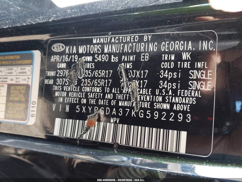 2019 Kia Sorento VIN 5XYPGDA37KG592293 IAAI salvage auction — FRONT END, Salvage (Indiana), sold $1,575 on 2026-07-15 (photo 9)