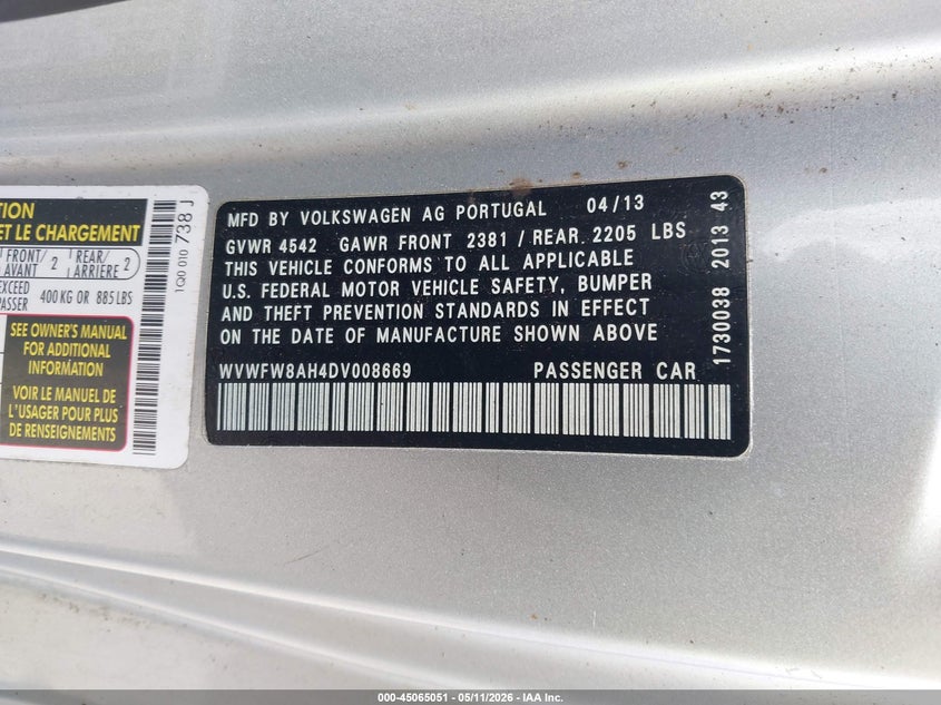 2013 Volkswagen Eos VIN WVWFW8AH4DV008669 IAAI salvage auction — ELECTRICAL, Clear (Massachusetts), sold $850 on 2026-07-07 (photo 9)