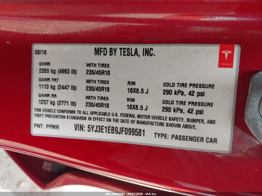 2018 Tesla Model 3 VIN 5YJ3E1EB9JF099581 IAAI salvage auction — FRONT END, Salvage (Illinois), sold $2,150 on 2026-07-09 (photo 9)