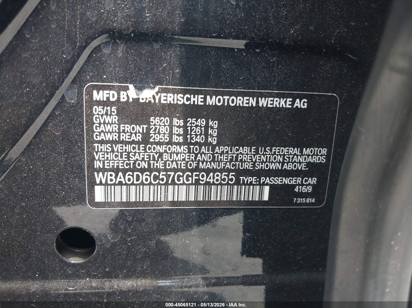 2016 BMW 6er VIN WBA6D6C57GGF94855 IAAI salvage auction — FRONT END, Rebuildable (Florida), sold $3,200 on 2026-07-08 (photo 9)