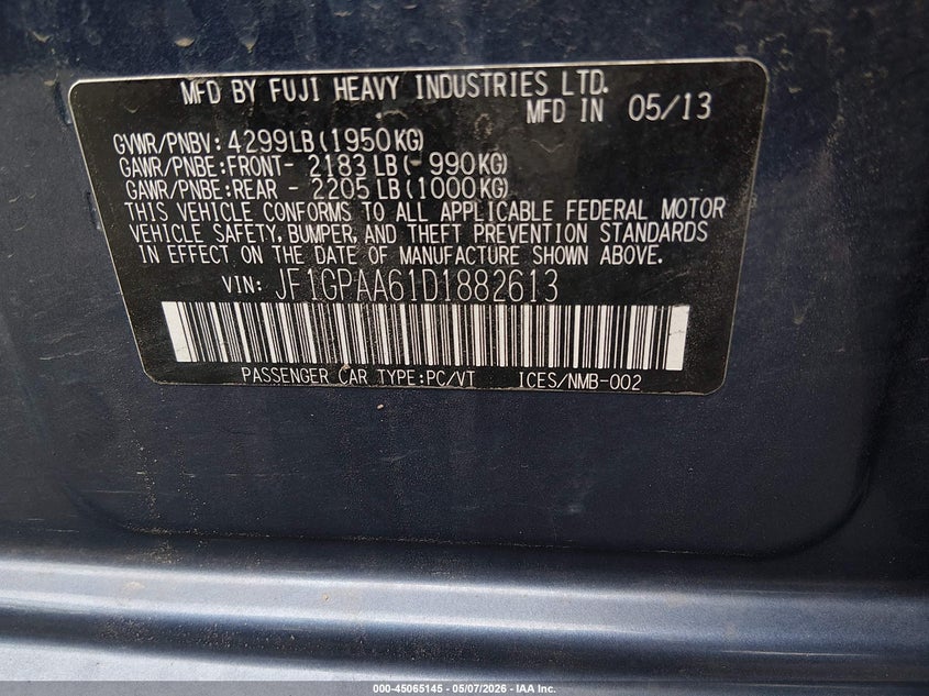 2013 Subaru Impreza VIN JF1GPAA61D1882613 IAAI salvage auction — FRONT END, Salvage (Utah), sold $350 on 2026-07-17 (photo 9)