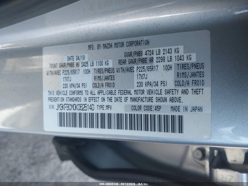 2019 Mazda Cx-5 VIN JM3KFBCM0K0625140 IAAI salvage auction — FRONT & REAR, Salvage (Virginia), sold $6,250 on 2026-07-28 (photo 9)