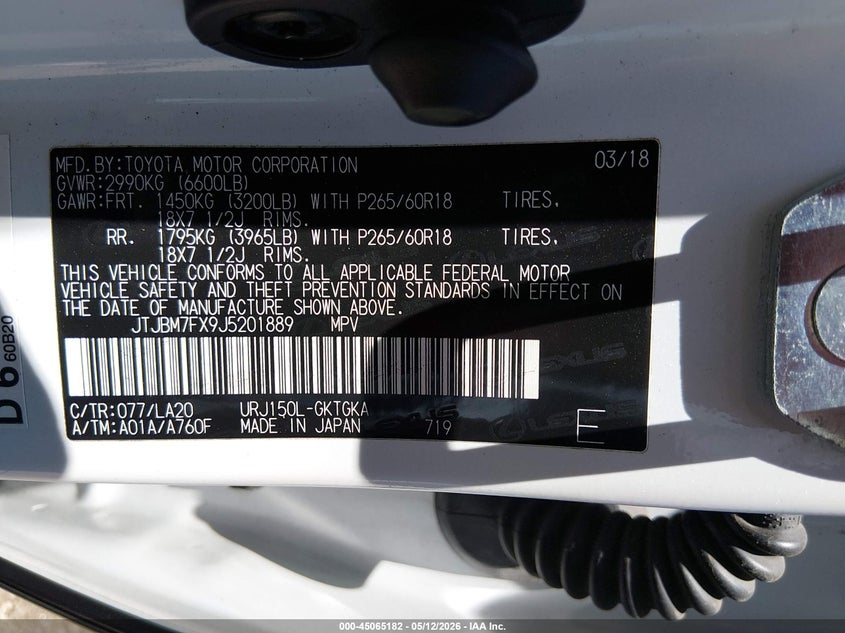 2018 Lexus Gx VIN JTJBM7FX9J5201889 IAAI salvage auction — FRONT END, Salvage (Texas), sold $8,900 on 2026-07-11 (photo 9)