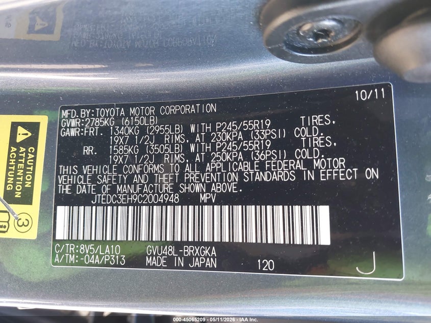 2012 Toyota Highlander VIN JTEDC3EH9C2004948 IAAI salvage auction — SIDE, Salvage - Greater Than 75% (Maryland), sold $4,150 on 2026-07-30 (photo 9)