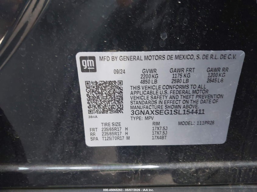 2025 Chevrolet Equinox VIN 3GNAXSEG1SL154411 IAAI salvage auction — FRONT END, Salvage (Arizona), sold $7,000 on 2026-07-29 (photo 9)