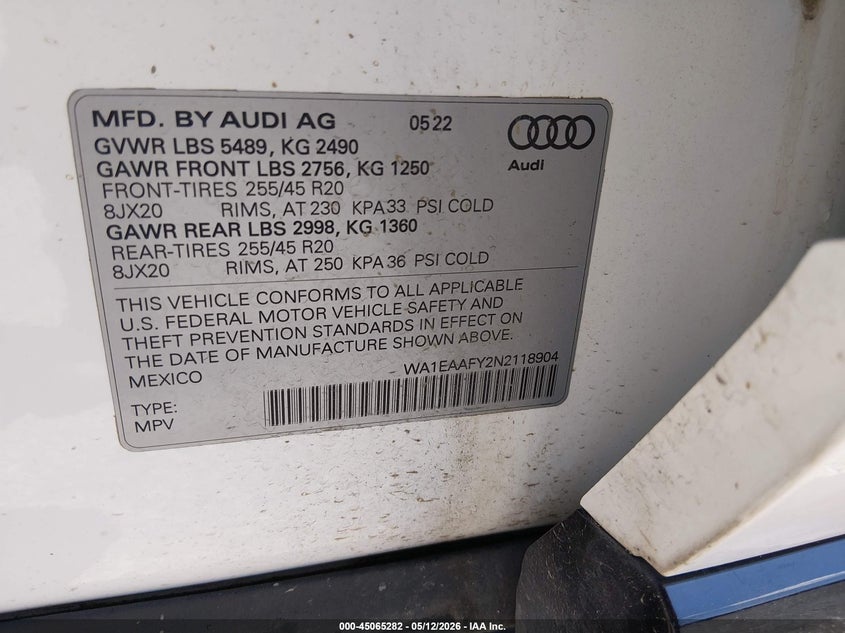 2022 Audi Q5 VIN WA1EAAFY2N2118904 IAAI salvage auction — RIGHT SIDE, Salvage (Louisiana), sold $10,700 on 2026-07-07 (photo 9)