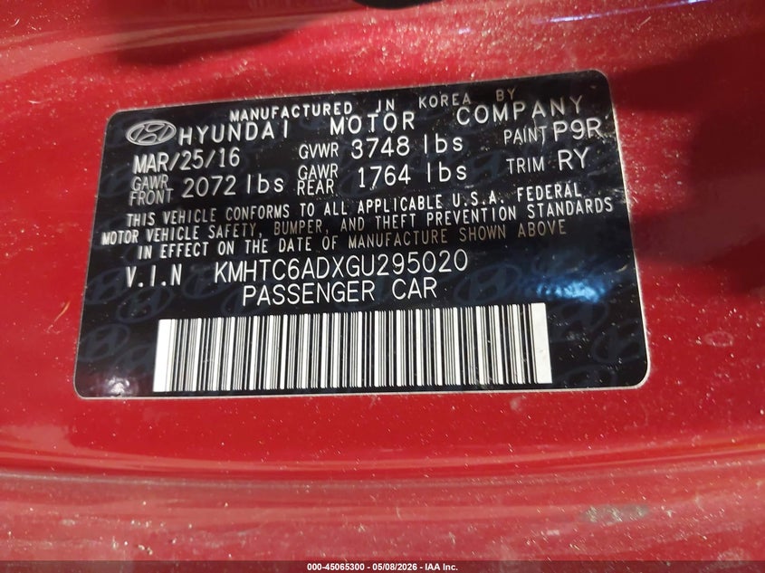 2016 Hyundai Veloster VIN KMHTC6ADXGU295020 IAAI salvage auction — RIGHT SIDE, Salvage (North Carolina), sold $1,600 on 2026-08-20 (photo 9)