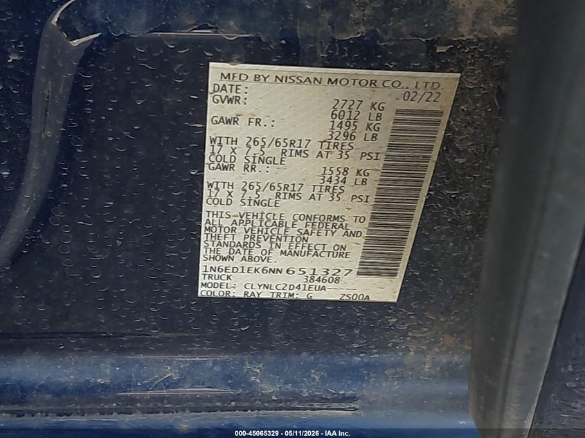 2022 Nissan Navara (frontier) VIN 1N6ED1EK6NN651327 IAAI salvage auction — FRONT & REAR, Salvage (Colorado), sold $7,900 on 2026-08-18 (photo 9)