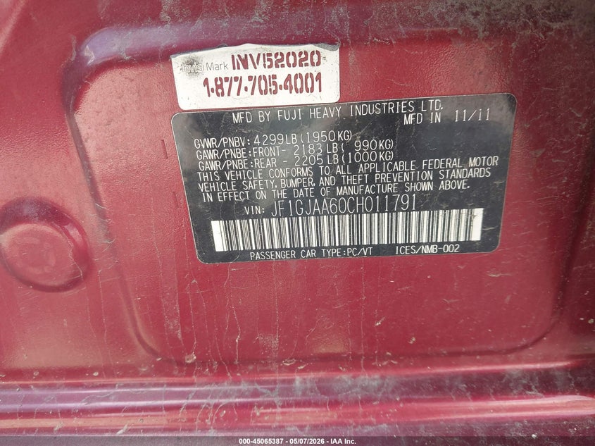 2012 Subaru Impreza VIN JF1GJAA60CH011791 IAAI salvage auction — LEFT FRONT, Clear (Indiana), sold $325 on 2026-07-31 (photo 9)