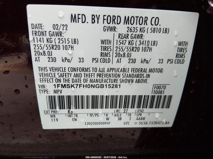 2022 Ford Explorer VIN 1FMSK7FH0NGB15281 IAAI salvage auction — RIGHT REAR, Salvage (South Carolina), sold $7,450 on 2026-07-29 (photo 9)