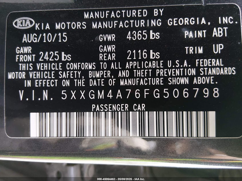 2015 Kia Optima VIN 5XXGM4A76FG506798 IAAI salvage auction — RIGHT REAR, Salvage (Oregon), sold $425 on 2026-07-06 (photo 9)