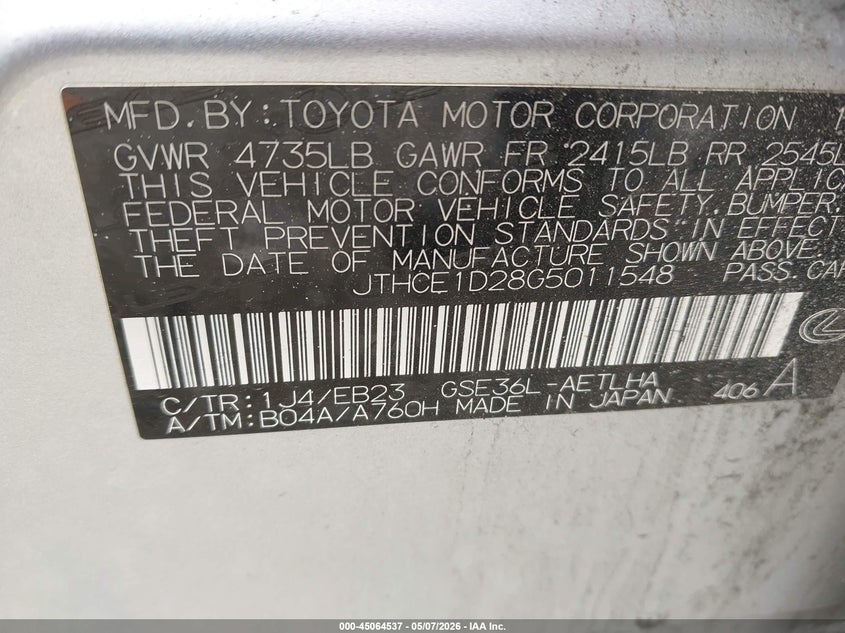 2016 Lexus Is VIN JTHCE1D28G5011548 IAAI salvage auction — FRONT END, Salvage (Virginia), sold $2,125 on 2026-07-06 (photo 9)