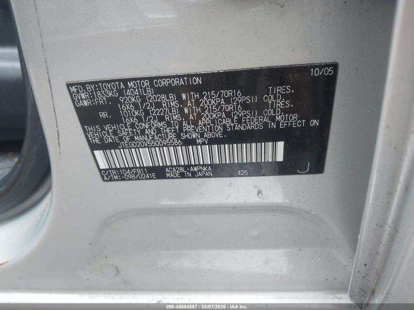 2005 Toyota Rav4 VIN JTEGD20V550095586 IAAI salvage auction — NORMAL WEAR, Clear (Massachusetts), sold $1,000 on 2026-07-21 (photo 9)