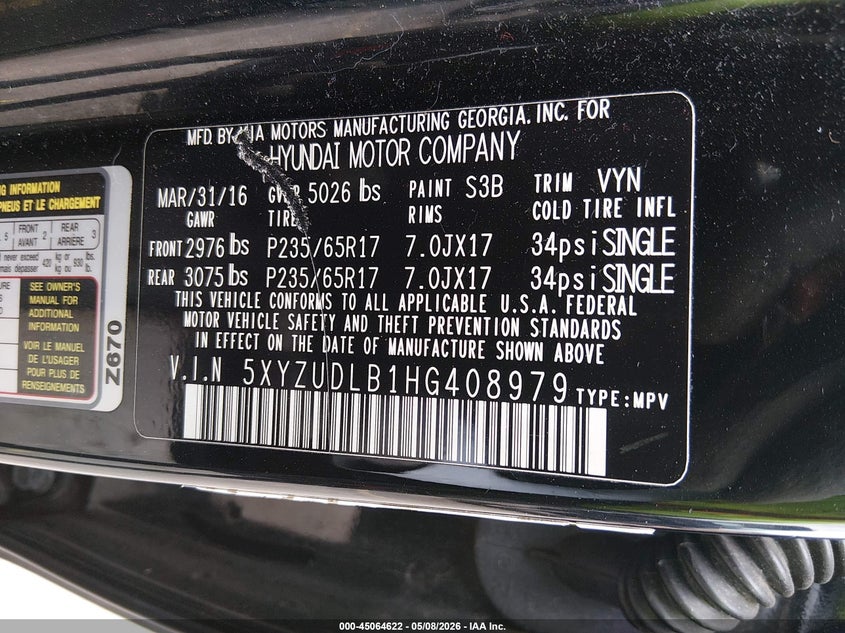 2017 Hyundai Santa fe VIN 5XYZUDLB1HG408979 IAAI salvage auction — REAR END, Salvage (Connecticut), sold $2,100 on 2026-07-09 (photo 9)