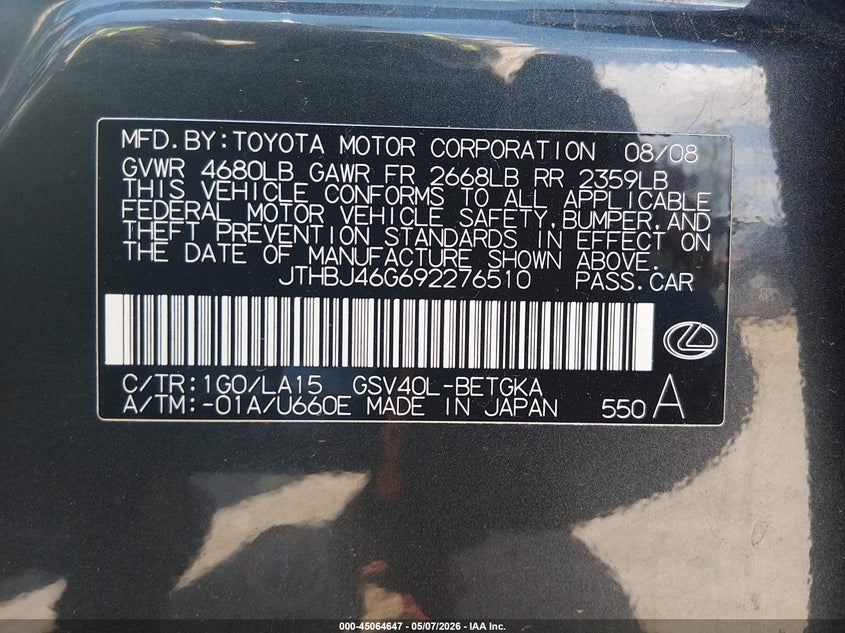 2009 Lexus ES VIN JTHBJ46G692276510 IAAI salvage auction — FRONT END, Salvage (Kansas), sold $925 on 2026-07-08 (photo 9)