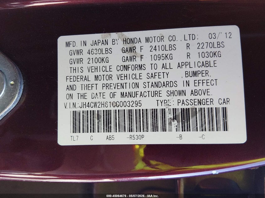 2012 Acura Tsx VIN JH4CW2H61CC003295 IAAI salvage auction — FRONT END, Salvage (Colorado), sold $425 on 2026-07-28 (photo 9)