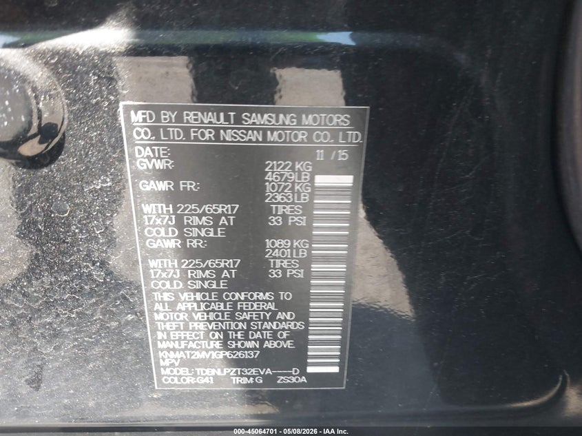 2016 Nissan Rogue VIN KNMAT2MV1GP626137 IAAI salvage auction — FRONT END, Salvage - Greater Than 75% (Maryland), sold $500 on 2026-07-13 (photo 9)
