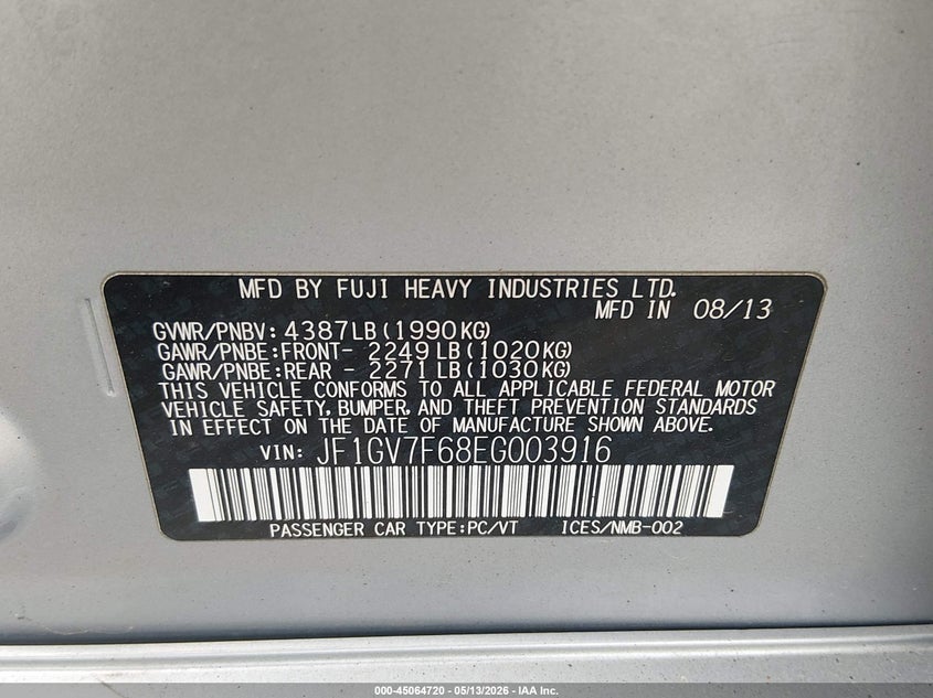 2014 Subaru Impreza wrx VIN JF1GV7F68EG003916 IAAI salvage auction — LEFT FRONT, Salvage (New Jersey), sold $3,000 on 2026-07-13 (photo 9)