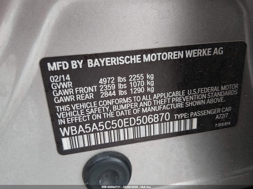 2014 BMW 5er VIN WBA5A5C50ED506870 IAAI salvage auction — FRONT END, Salvage (Alabama), sold $850 on 2026-08-13 (photo 9)