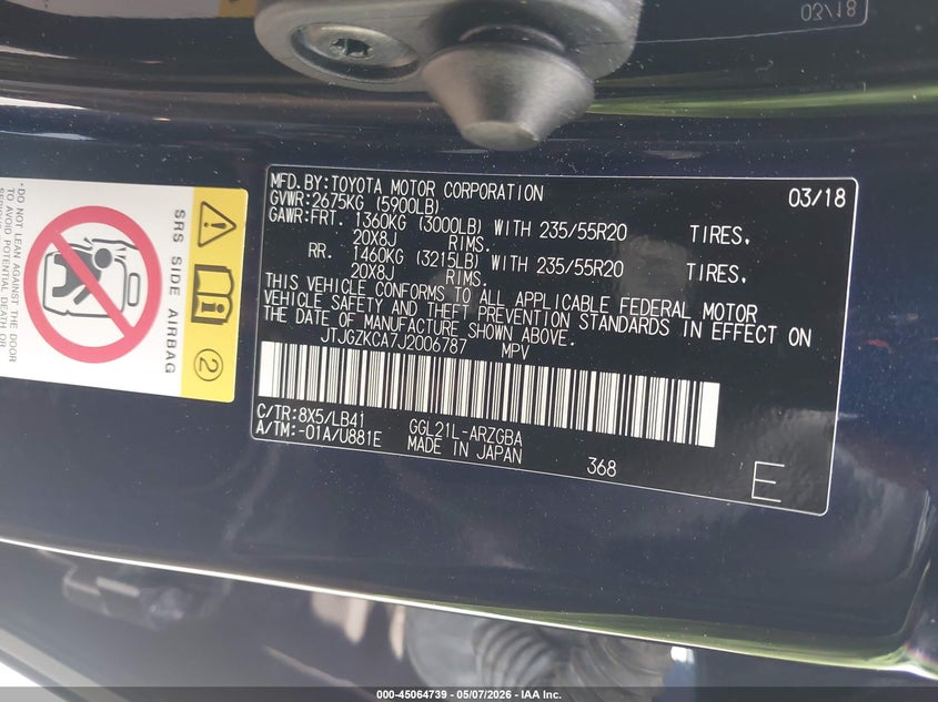 2018 Lexus Rx VIN JTJGZKCA7J2006787 IAAI salvage auction — FRONT END, Original (Texas), sold $13,050 on 2026-07-17 (photo 9)