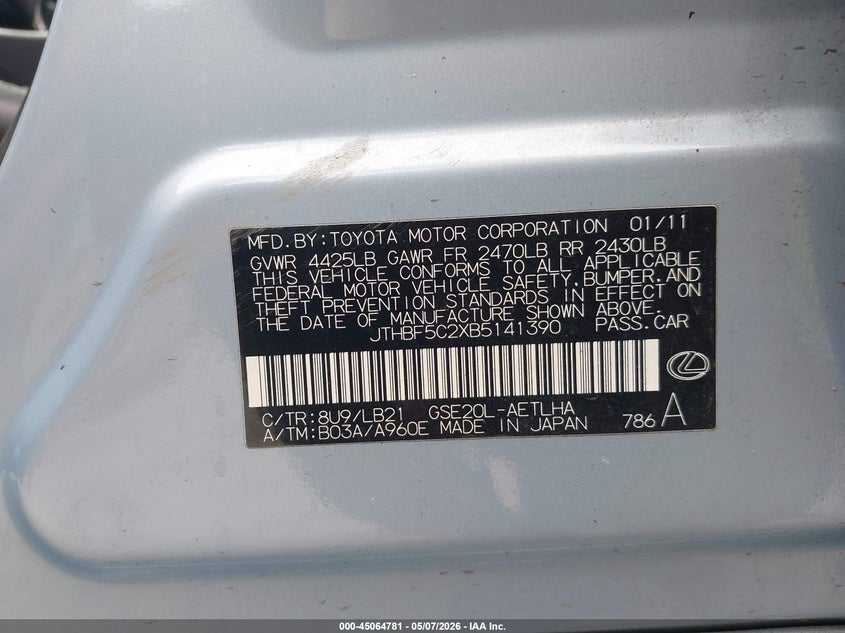 2011 Lexus Is 250 VIN JTHBF5C2XB5141390 IAAI salvage auction — FRONT END, Original (Texas), sold $2,000 on 2026-07-21 (photo 9)