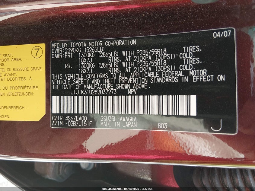 2008 Lexus Rx 350 VIN JTJHK31U282037273 IAAI salvage auction — HAIL, Junk Bill Of Sale Mv2459 (Wisconsin), sold $1,050 on 2026-07-22 (photo 9)