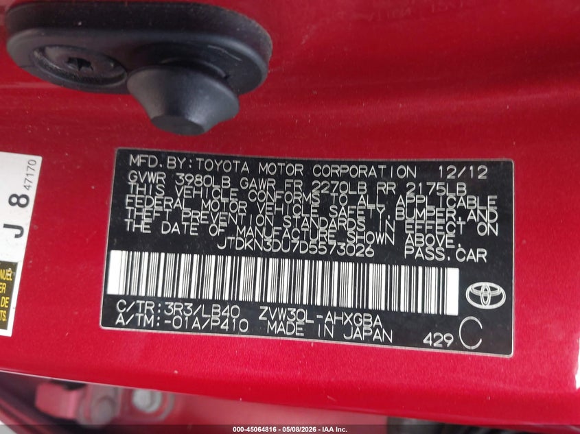 2013 Toyota Prius VIN JTDKN3DU7D5573026 IAAI salvage auction — NORMAL WEAR, Original (Texas), sold $1,650 on 2026-07-06 (photo 9)