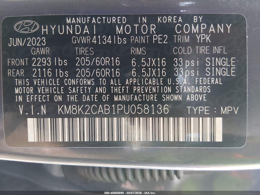 2023 Hyundai Kona VIN KM8K2CAB1PU058136 IAAI salvage auction — REAR END, Salvage (West Virginia), sold $1,300 on 2026-07-30 (photo 9)
