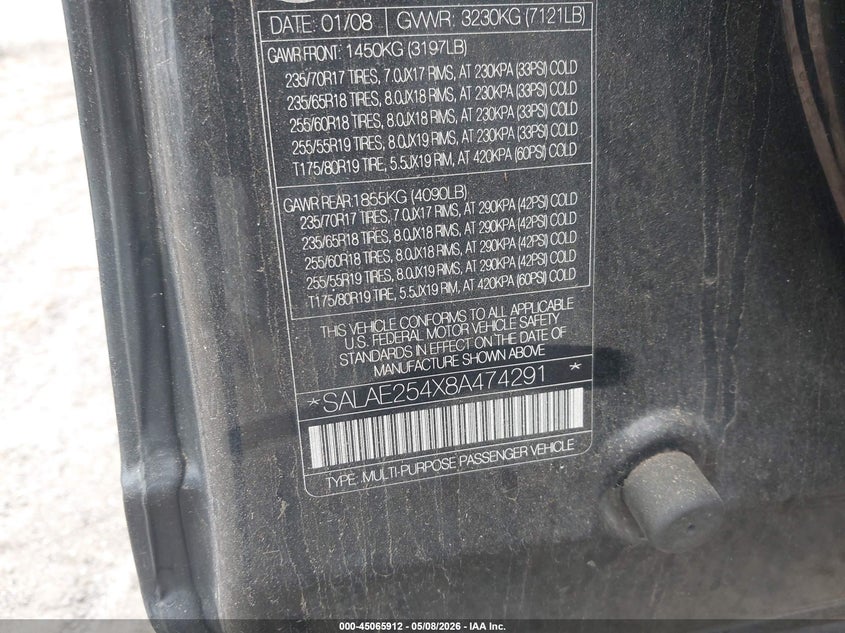 2008 Land rover Lr3 VIN SALAE254X8A474291 IAAI salvage auction — NORMAL WEAR, Clear - Dealer Only (California), sold $550 on 2026-07-14 (photo 9)